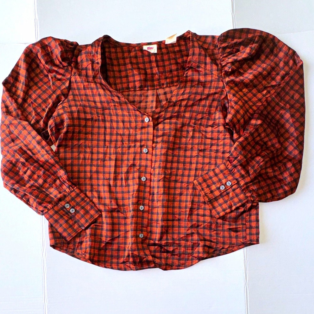 Levi's Womens orange/Black Plaid Button Front Long Sleeve Blouse Size S